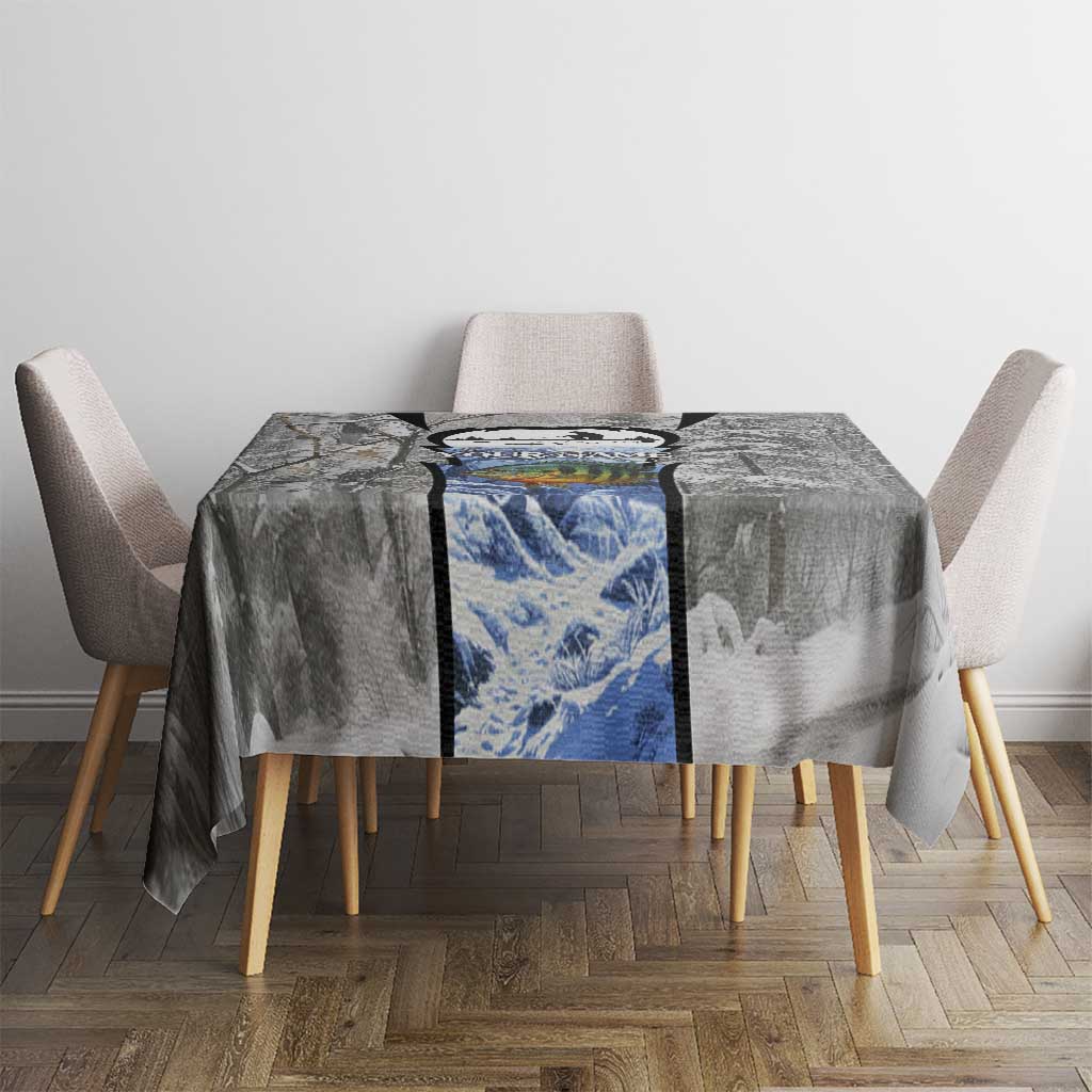 Custom Bluegill Ice Fishing Winter Camo Tablecloth with Snowy Forest Background Colorful Fish - Wonder Print Shop
