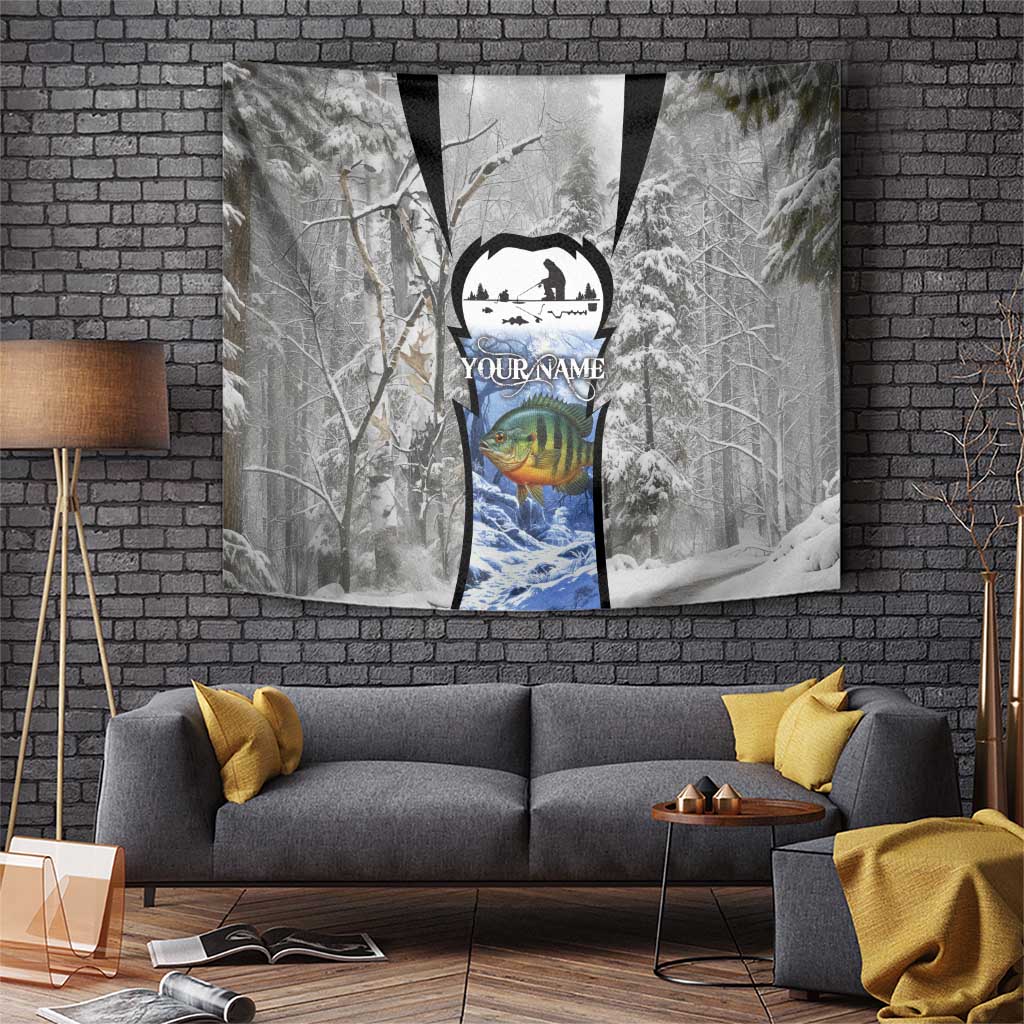 Custom Bluegill Ice Fishing Winter Camo Tapestry with Snowy Forest Background Colorful Fish - Wonder Print Shop