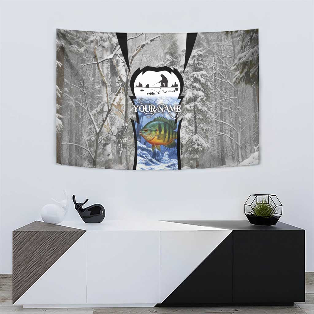 Custom Bluegill Ice Fishing Winter Camo Tapestry with Snowy Forest Background Colorful Fish - Wonder Print Shop