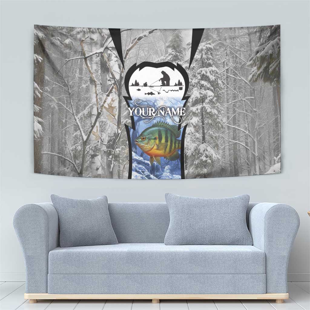 Custom Bluegill Ice Fishing Winter Camo Tapestry with Snowy Forest Background Colorful Fish - Wonder Print Shop