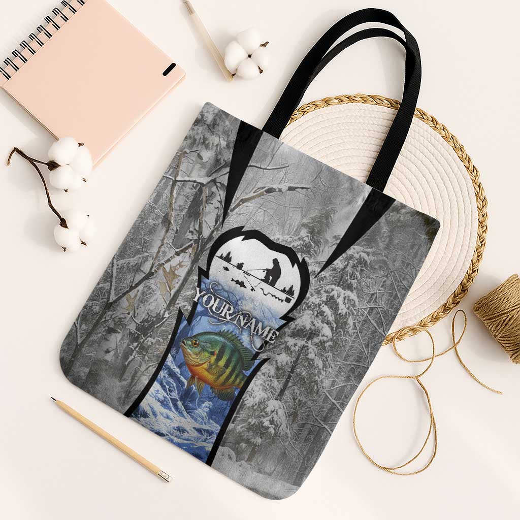 Custom Bluegill Ice Fishing Winter Camo Tote Bag with Snowy Forest Background Colorful Fish - Wonder Print Shop