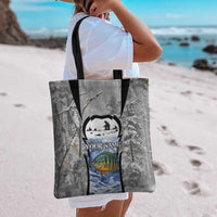 Custom Bluegill Ice Fishing Winter Camo Tote Bag with Snowy Forest Background Colorful Fish - Wonder Print Shop