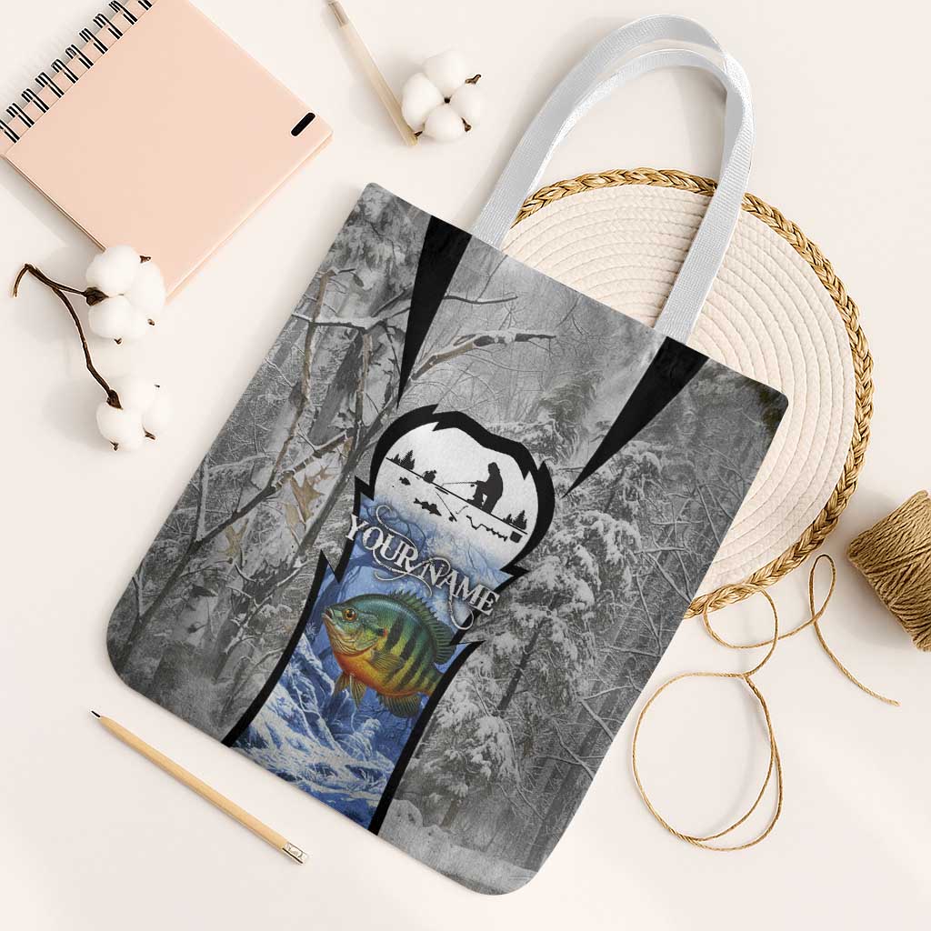 Custom Bluegill Ice Fishing Winter Camo Tote Bag with Snowy Forest Background Colorful Fish - Wonder Print Shop