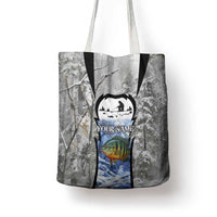 Custom Bluegill Ice Fishing Winter Camo Tote Bag with Snowy Forest Background Colorful Fish - Wonder Print Shop