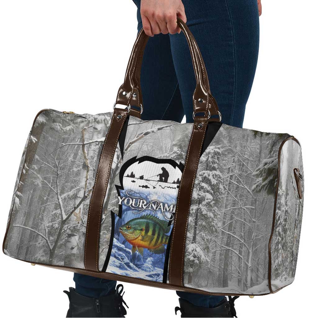 Custom Bluegill Ice Fishing Winter Camo Travel Bag with Snowy Forest Background Colorful Fish - Wonder Print Shop