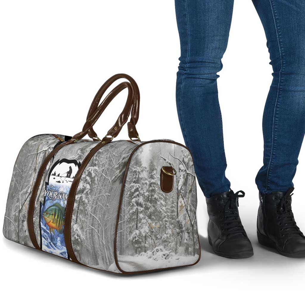 Custom Bluegill Ice Fishing Winter Camo Travel Bag with Snowy Forest Background Colorful Fish - Wonder Print Shop