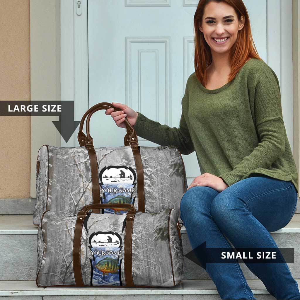 Custom Bluegill Ice Fishing Winter Camo Travel Bag with Snowy Forest Background Colorful Fish - Wonder Print Shop