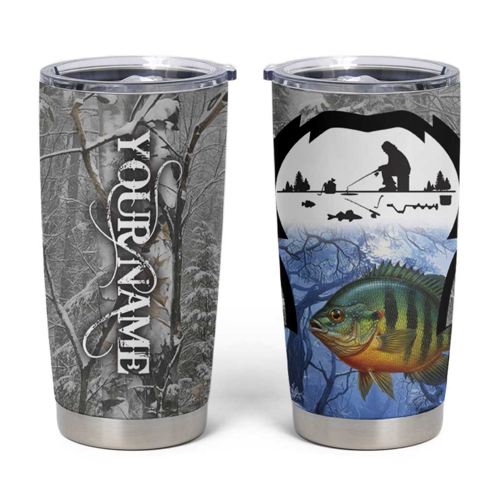 Custom Bluegill Ice Fishing Winter Camo Tumbler Cup with Snowy Forest Background Colorful Fish - Wonder Print Shop