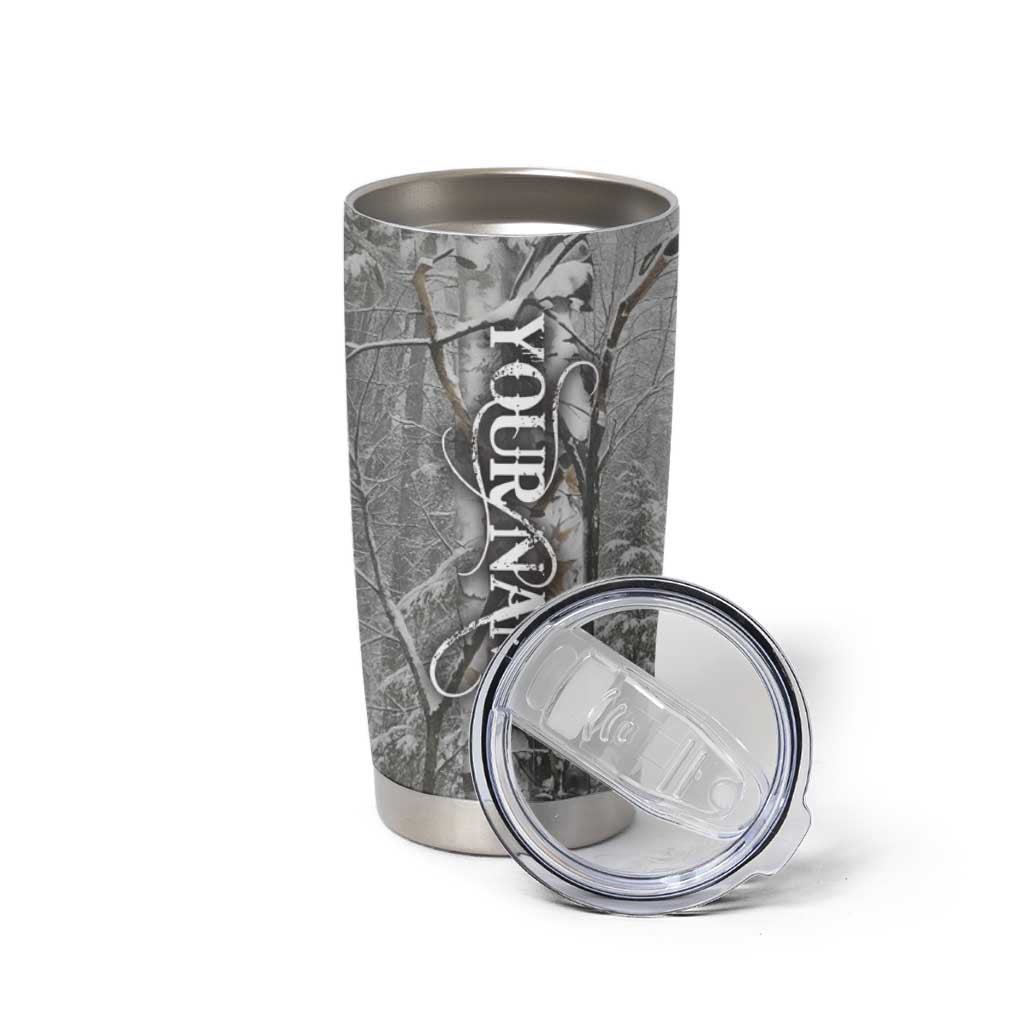 Custom Bluegill Ice Fishing Winter Camo Tumbler Cup with Snowy Forest Background Colorful Fish - Wonder Print Shop