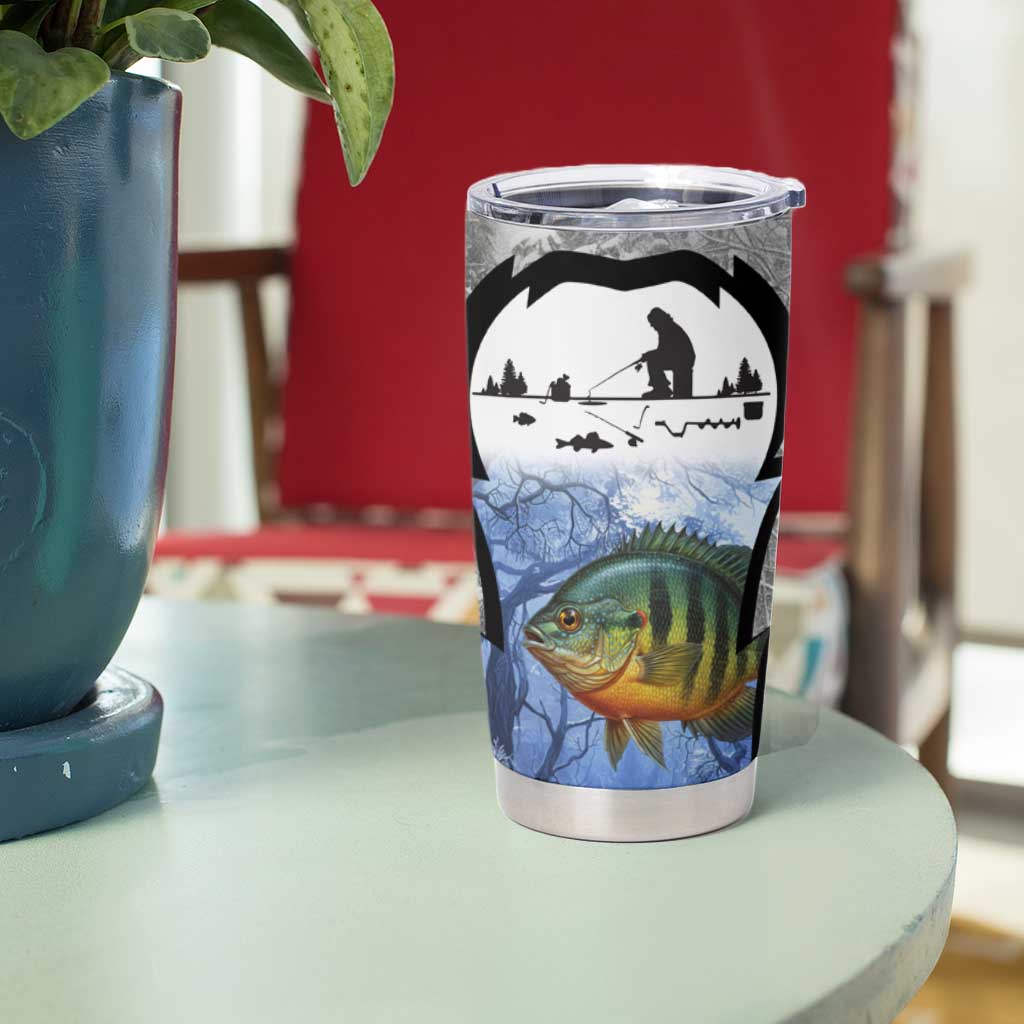 Custom Bluegill Ice Fishing Winter Camo Tumbler Cup with Snowy Forest Background Colorful Fish - Wonder Print Shop