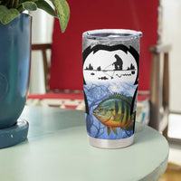 Custom Bluegill Ice Fishing Winter Camo Tumbler Cup with Snowy Forest Background Colorful Fish - Wonder Print Shop