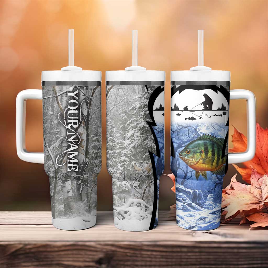 Custom Bluegill Ice Fishing Winter Camo Tumbler With Handle with Snowy Forest Background Colorful Fish - Wonder Print Shop