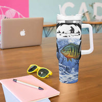 Custom Bluegill Ice Fishing Winter Camo Tumbler With Handle with Snowy Forest Background Colorful Fish - Wonder Print Shop