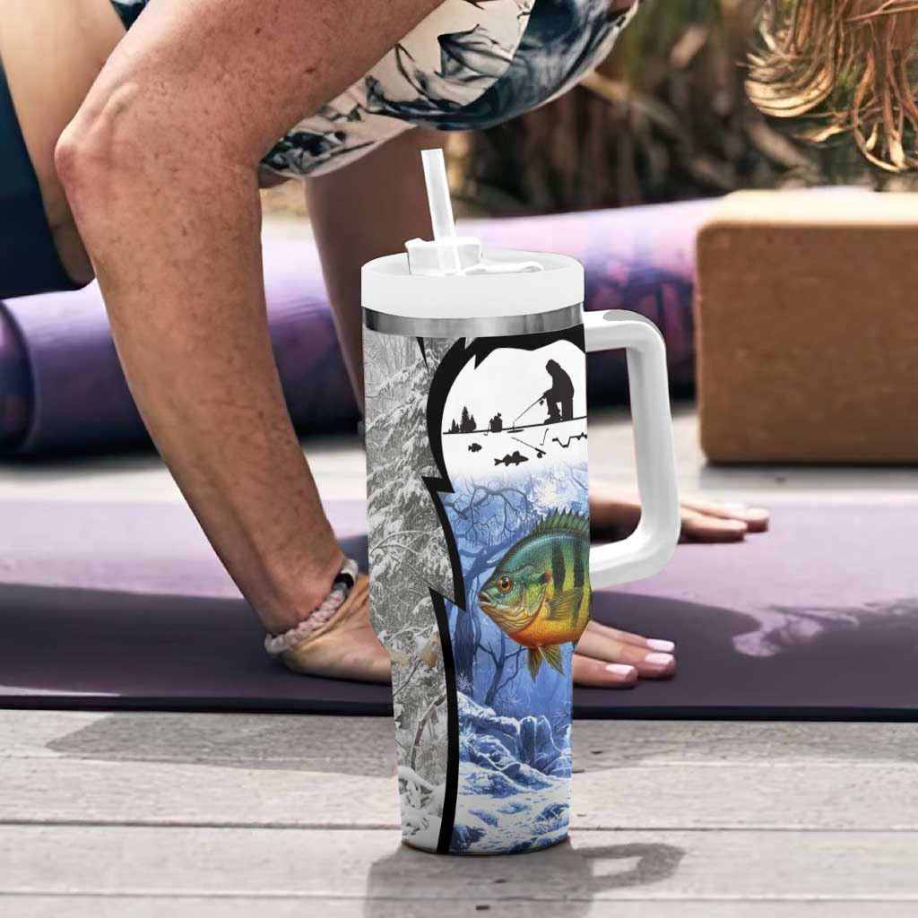 Custom Bluegill Ice Fishing Winter Camo Tumbler With Handle with Snowy Forest Background Colorful Fish - Wonder Print Shop