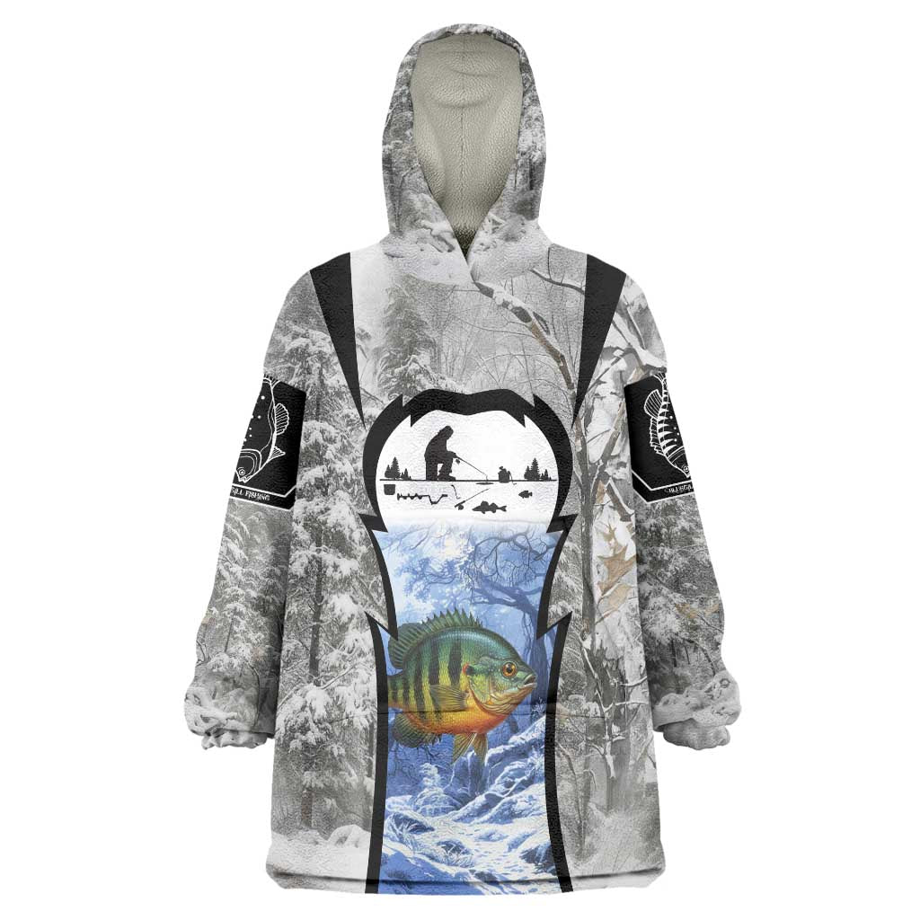 Custom Bluegill Ice Fishing Winter Camo Wearable Blanket Hoodie with Snowy Forest Background Colorful Fish - Wonder Print Shop