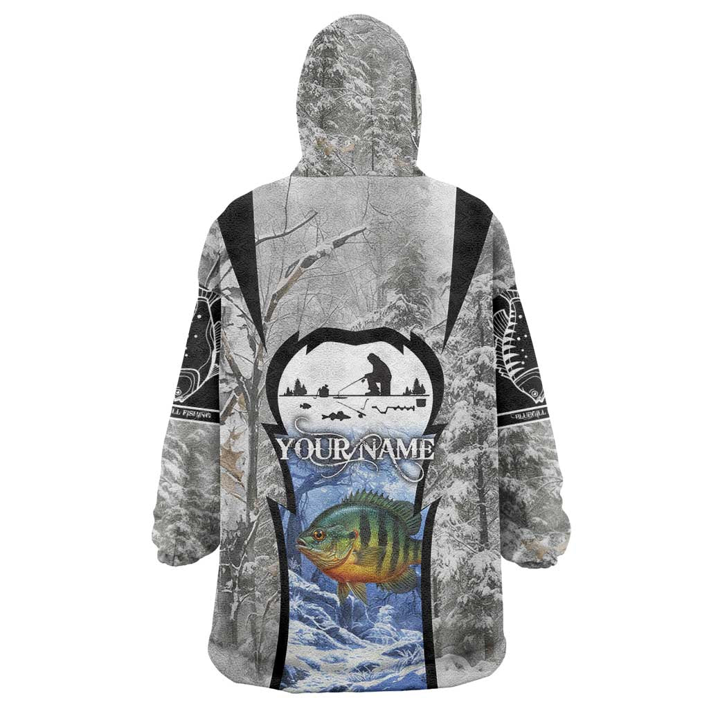 Custom Bluegill Ice Fishing Winter Camo Wearable Blanket Hoodie with Snowy Forest Background Colorful Fish - Wonder Print Shop