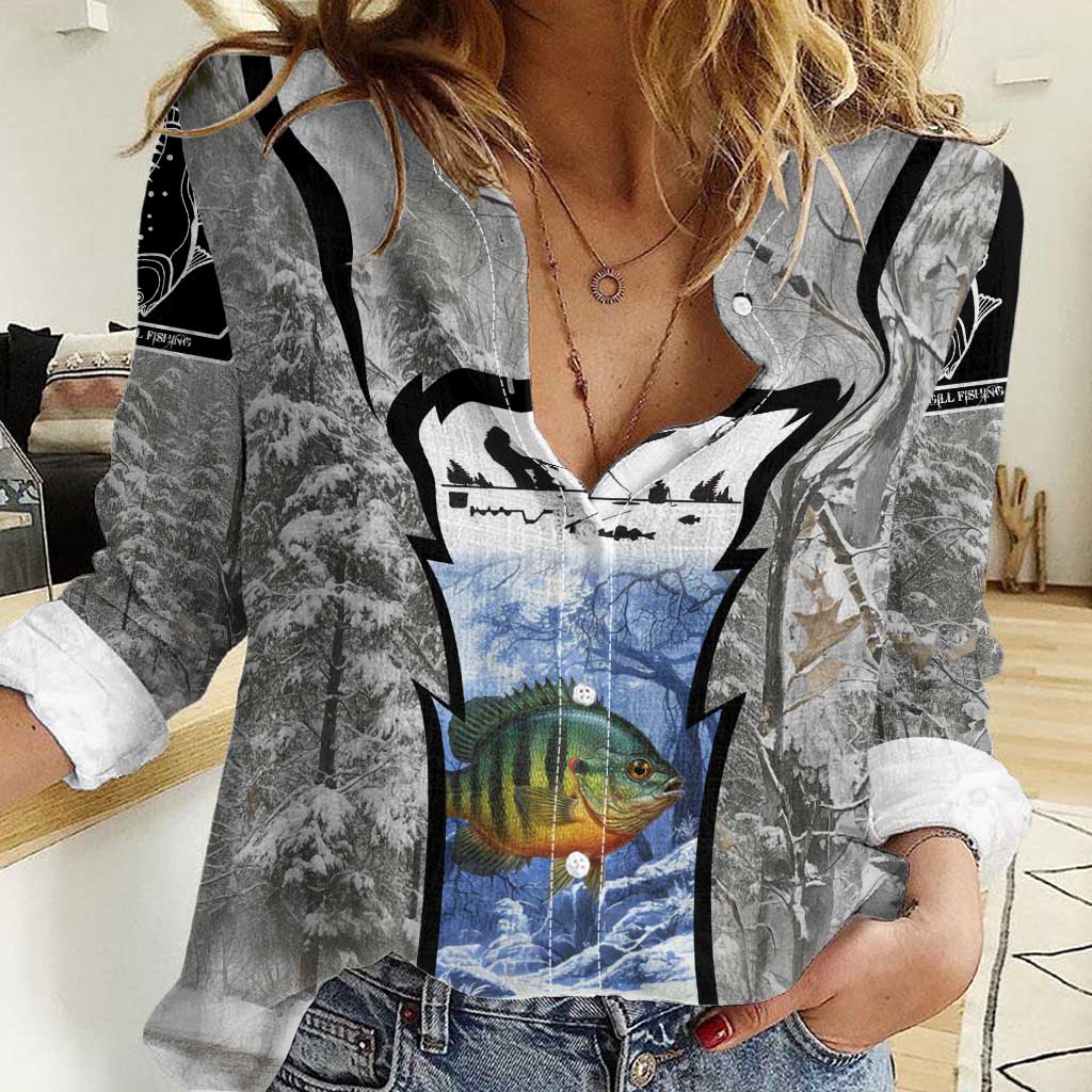 Custom Bluegill Ice Fishing Winter Camo Women Casual Shirt with Snowy Forest Background Colorful Fish - Wonder Print Shop