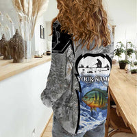 Custom Bluegill Ice Fishing Winter Camo Women Casual Shirt with Snowy Forest Background Colorful Fish - Wonder Print Shop