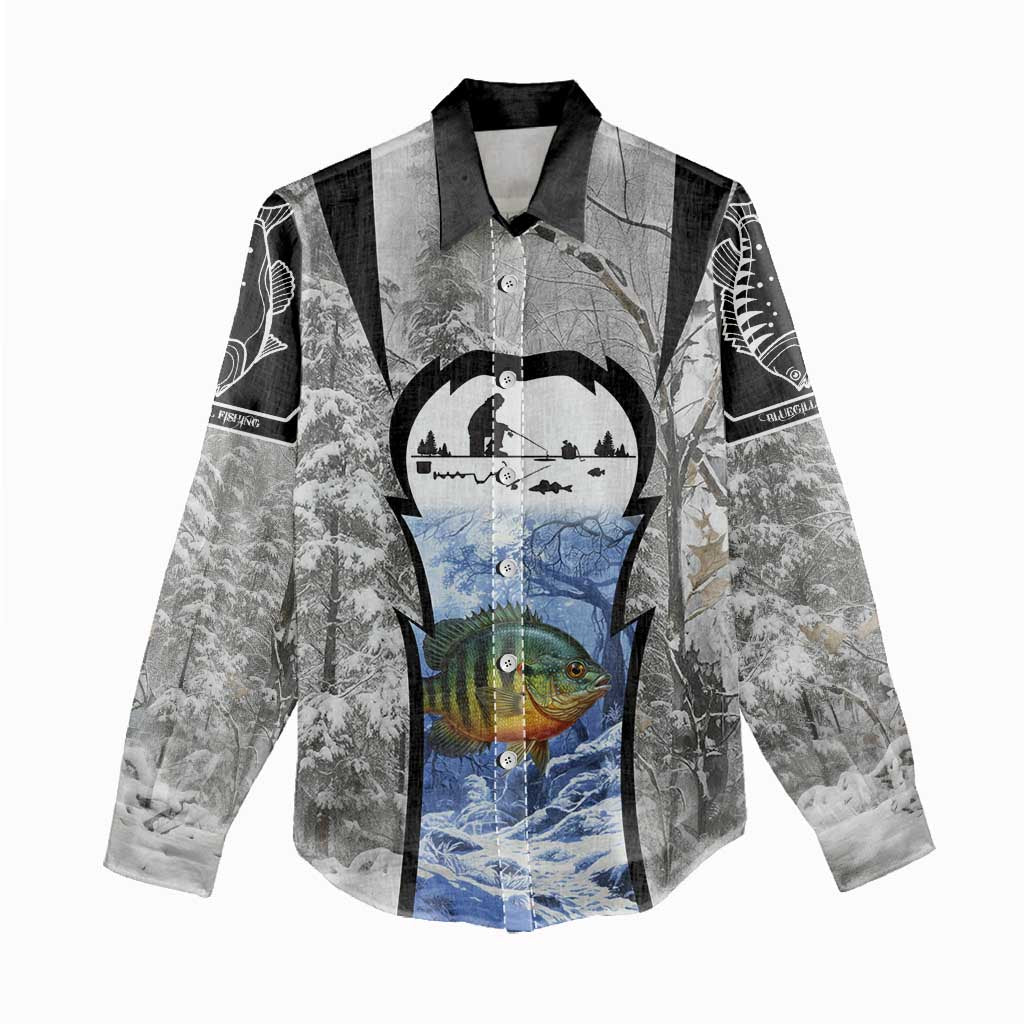 Custom Bluegill Ice Fishing Winter Camo Women Casual Shirt with Snowy Forest Background Colorful Fish - Wonder Print Shop