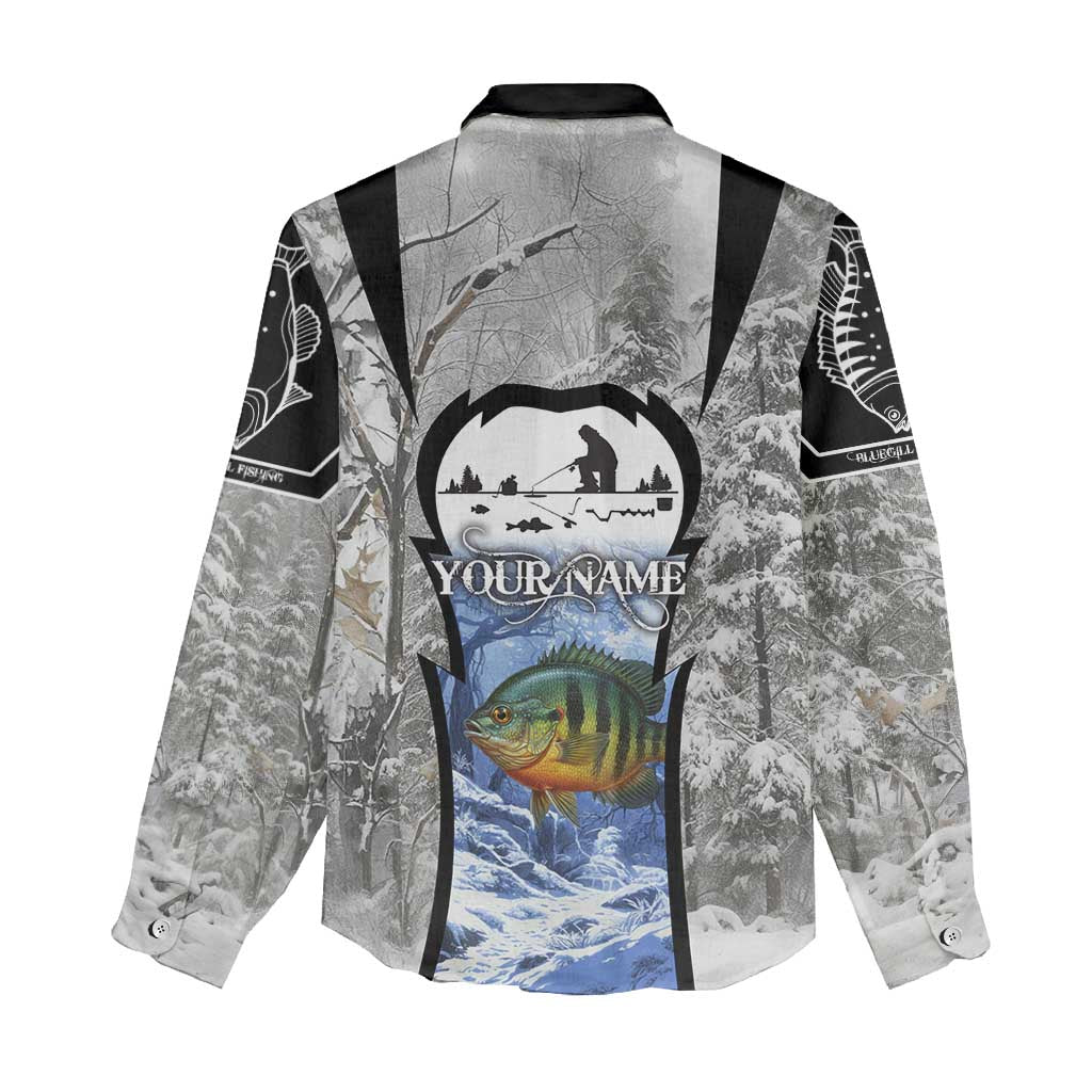 Custom Bluegill Ice Fishing Winter Camo Women Casual Shirt with Snowy Forest Background Colorful Fish - Wonder Print Shop