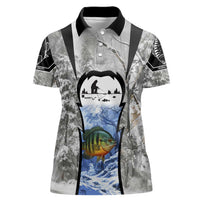 Custom Bluegill Ice Fishing Winter Camo Women Polo Shirt with Snowy Forest Background Colorful Fish - Wonder Print Shop