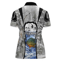 Custom Bluegill Ice Fishing Winter Camo Women Polo Shirt with Snowy Forest Background Colorful Fish - Wonder Print Shop