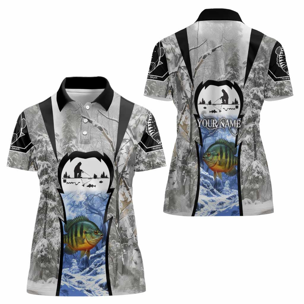 Custom Bluegill Ice Fishing Winter Camo Women Polo Shirt with Snowy Forest Background Colorful Fish - Wonder Print Shop