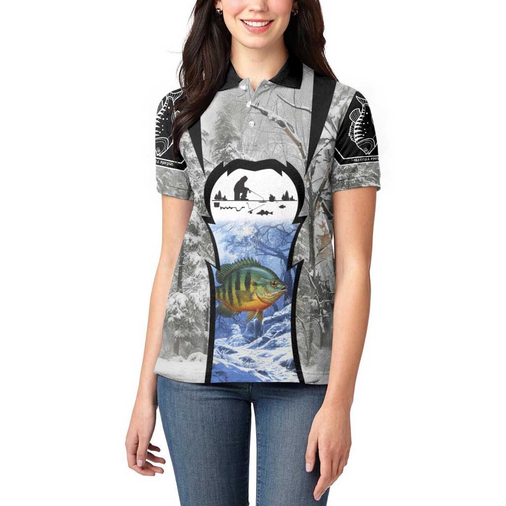 Custom Bluegill Ice Fishing Winter Camo Women Polo Shirt with Snowy Forest Background Colorful Fish - Wonder Print Shop