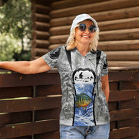 Custom Bluegill Ice Fishing Winter Camo Women Polo Shirt with Snowy Forest Background Colorful Fish - Wonder Print Shop