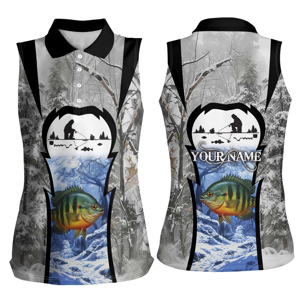 Custom Bluegill Ice Fishing Winter Camo Women Sleeveless Polo Shirt with Snowy Forest Background Colorful Fish - Wonder Print Shop