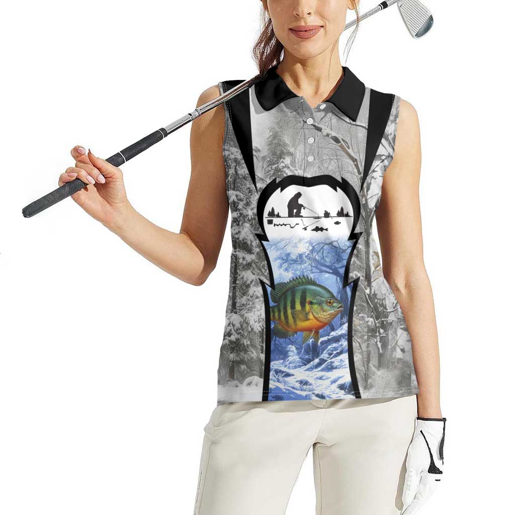Custom Bluegill Ice Fishing Winter Camo Women Sleeveless Polo Shirt with Snowy Forest Background Colorful Fish - Wonder Print Shop