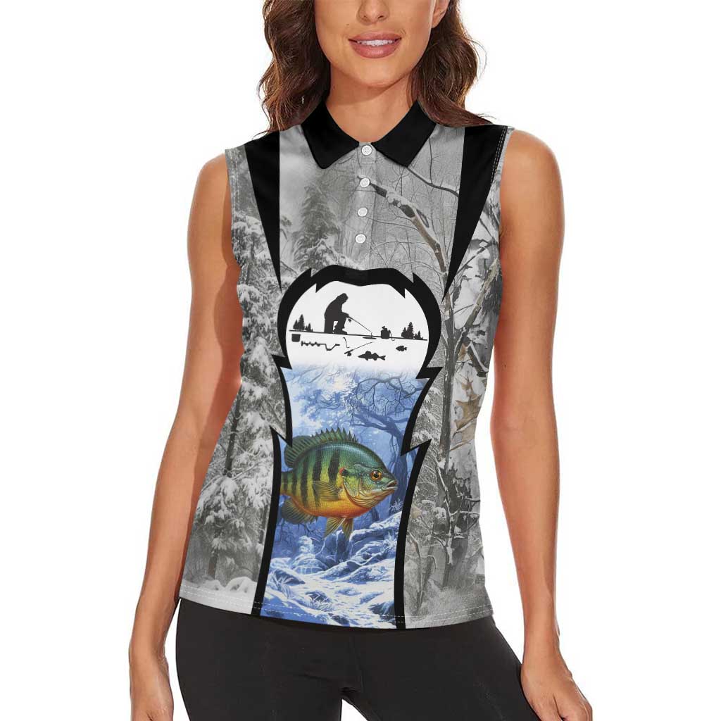 Custom Bluegill Ice Fishing Winter Camo Women Sleeveless Polo Shirt with Snowy Forest Background Colorful Fish - Wonder Print Shop