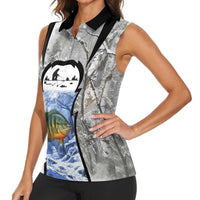 Custom Bluegill Ice Fishing Winter Camo Women Sleeveless Polo Shirt with Snowy Forest Background Colorful Fish - Wonder Print Shop