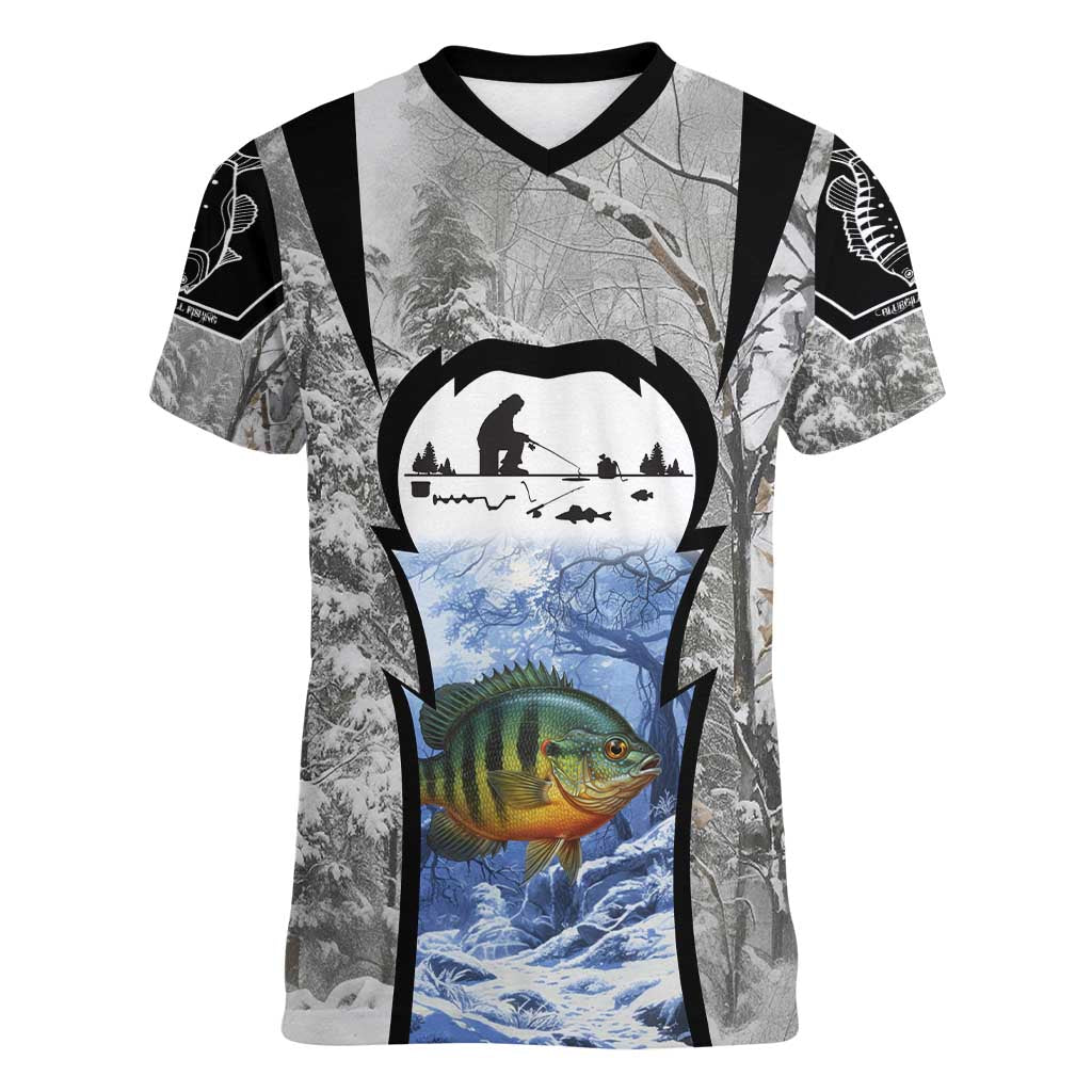 Custom Bluegill Ice Fishing Winter Camo Women V-Neck T-Shirt with Snowy Forest Background Colorful Fish - Wonder Print Shop