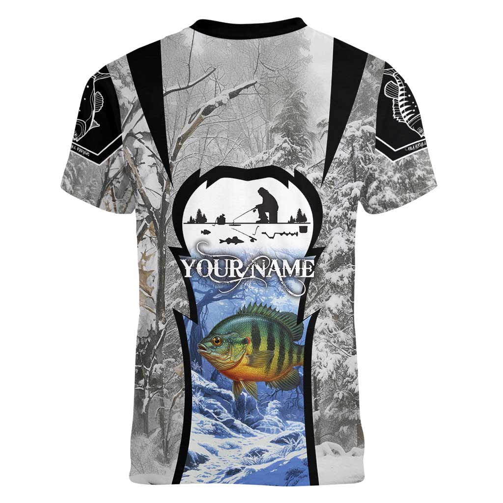 Custom Bluegill Ice Fishing Winter Camo Women V-Neck T-Shirt with Snowy Forest Background Colorful Fish - Wonder Print Shop