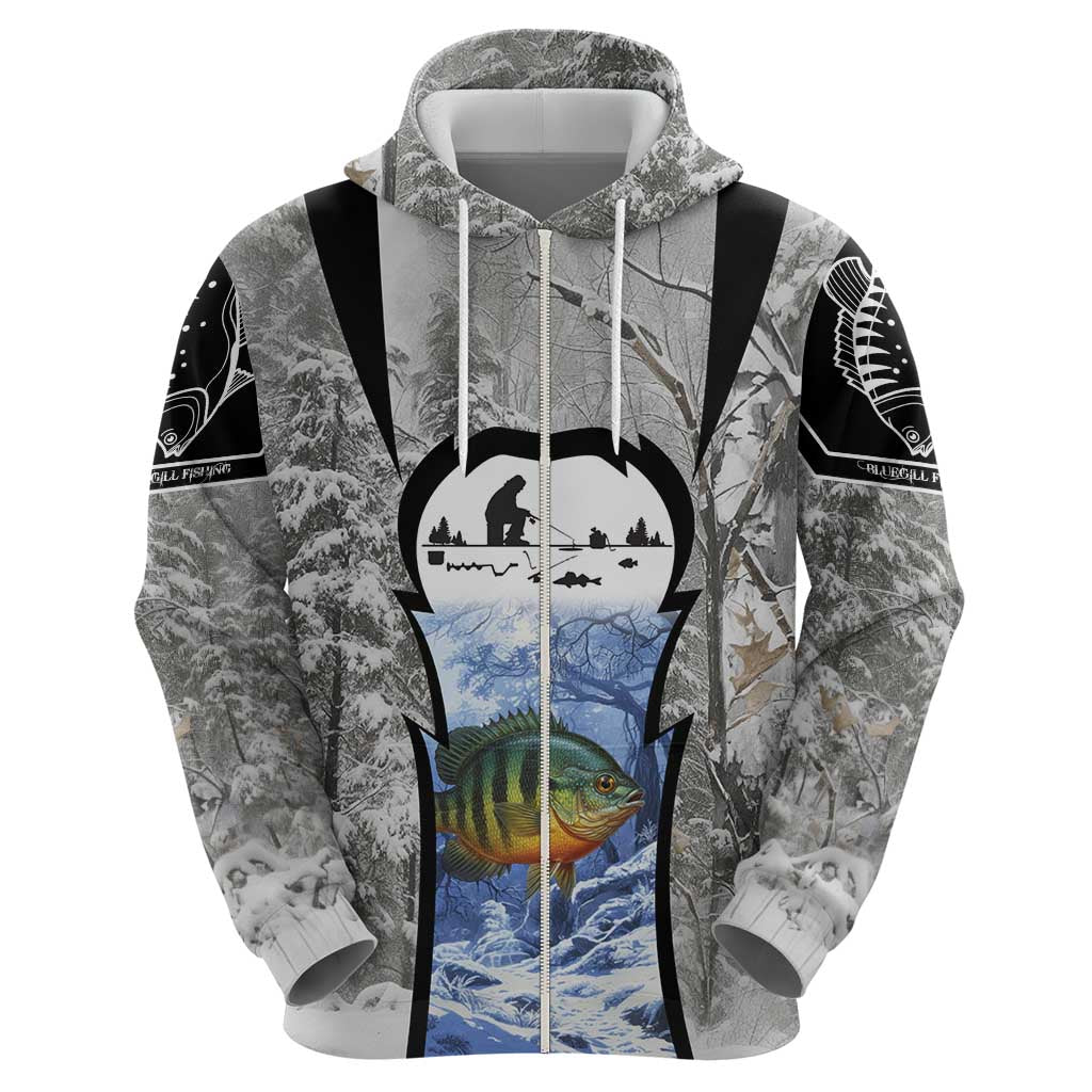 Custom Bluegill Ice Fishing Winter Camo Zip Hoodie with Snowy Forest Background Colorful Fish - Wonder Print Shop
