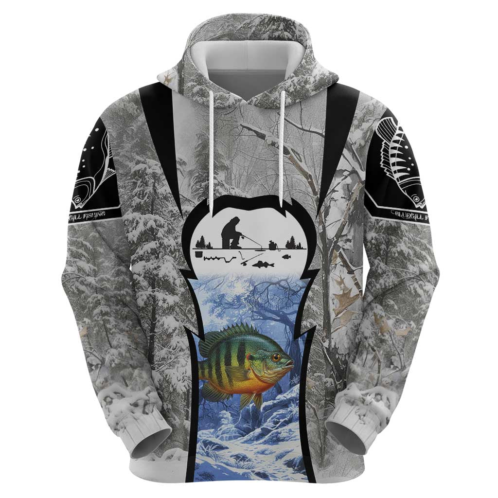 Custom Bluegill Ice Fishing Winter Camo Zip Hoodie with Snowy Forest Background Colorful Fish - Wonder Print Shop