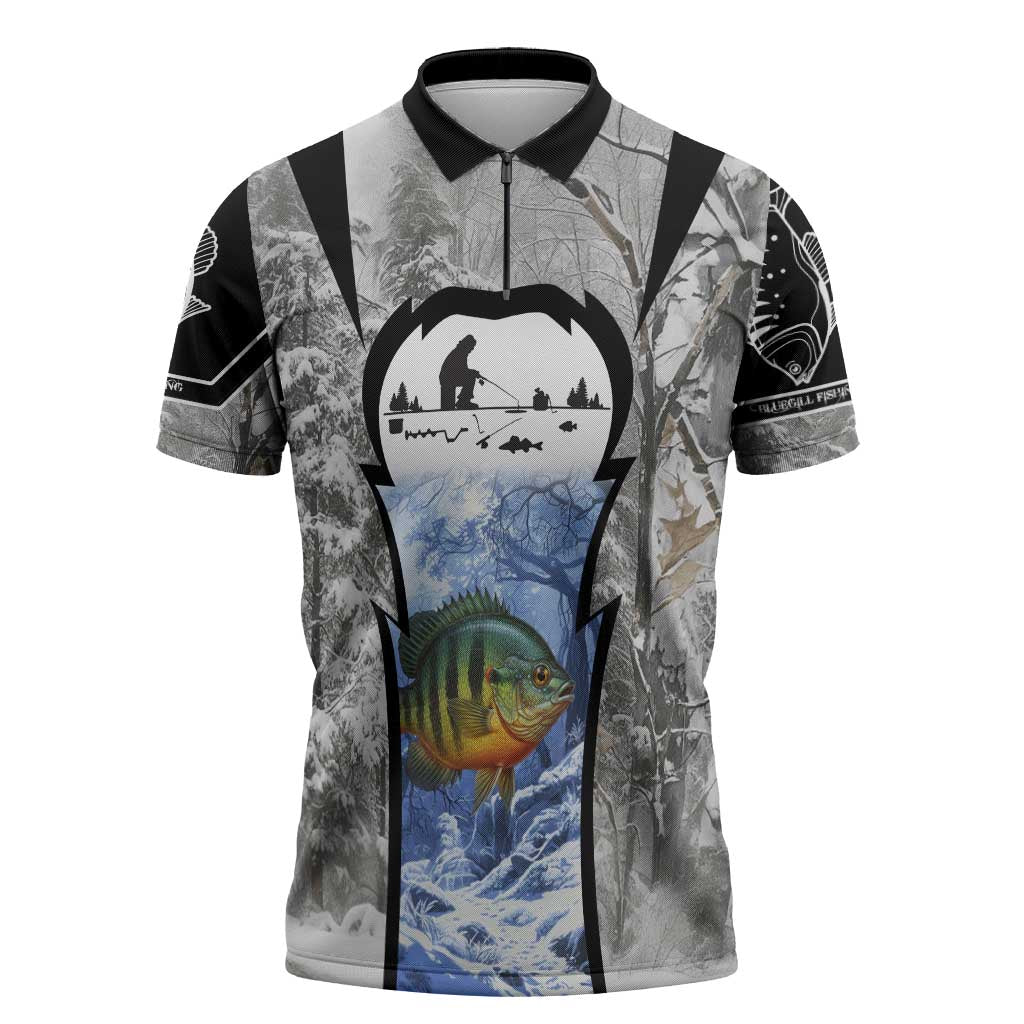 Custom Bluegill Ice Fishing Winter Camo Zipper Polo Shirt with Snowy Forest Background Colorful Fish - Wonder Print Shop