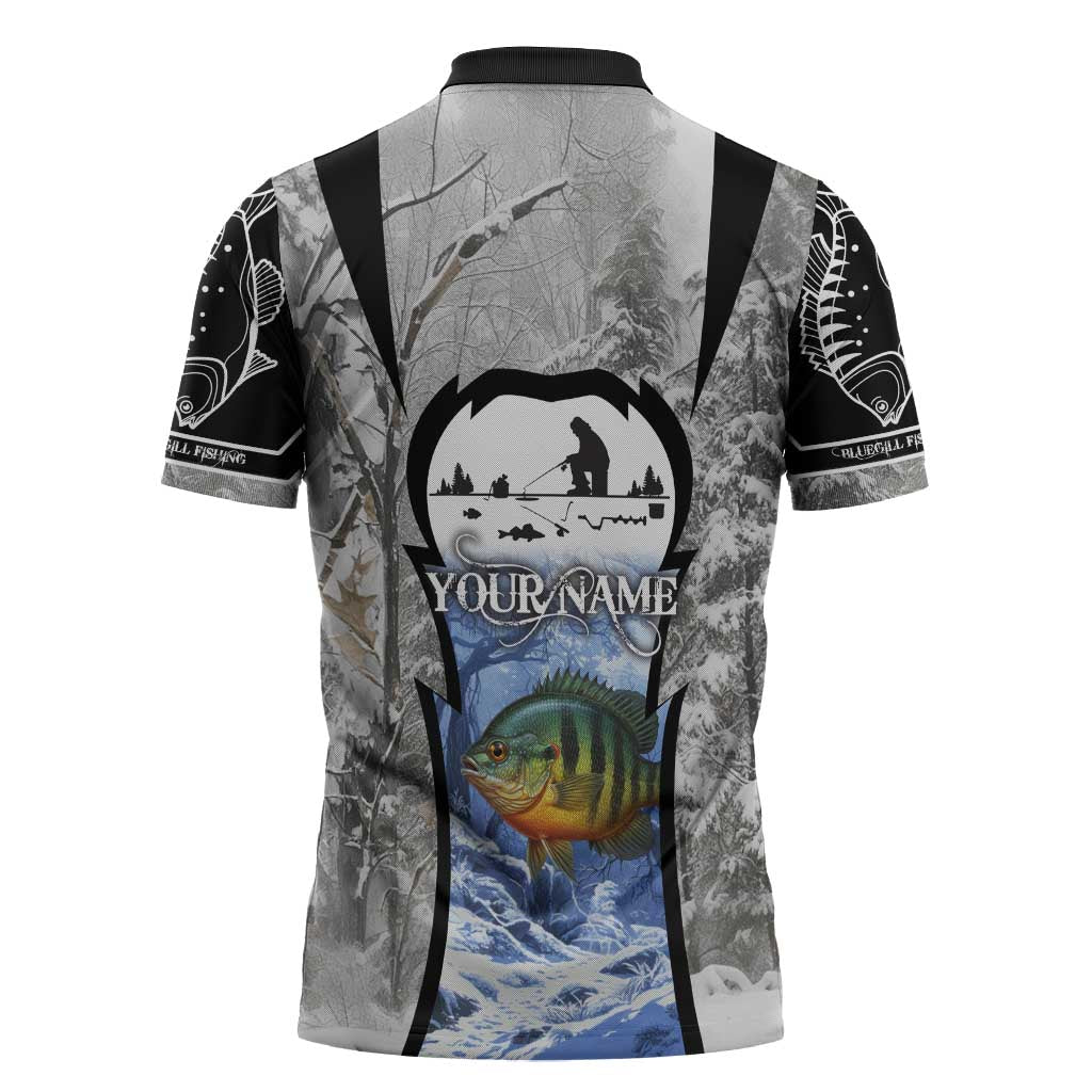 Custom Bluegill Ice Fishing Winter Camo Zipper Polo Shirt with Snowy Forest Background Colorful Fish - Wonder Print Shop
