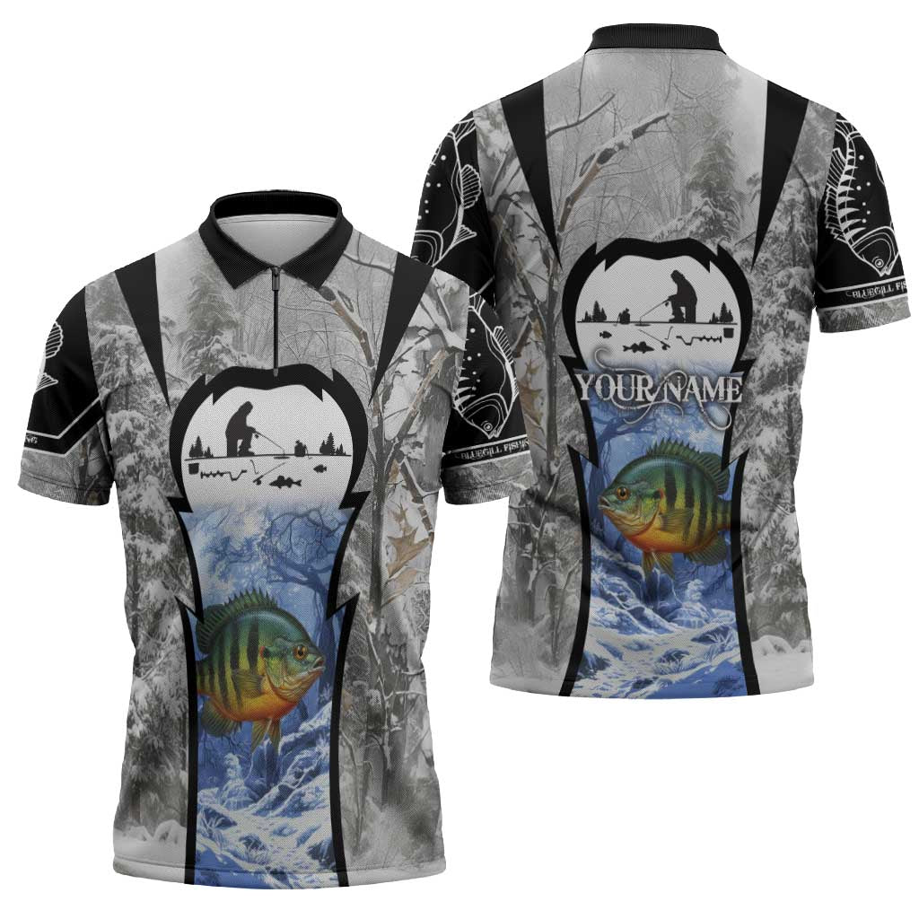 Custom Bluegill Ice Fishing Winter Camo Zipper Polo Shirt with Snowy Forest Background Colorful Fish - Wonder Print Shop