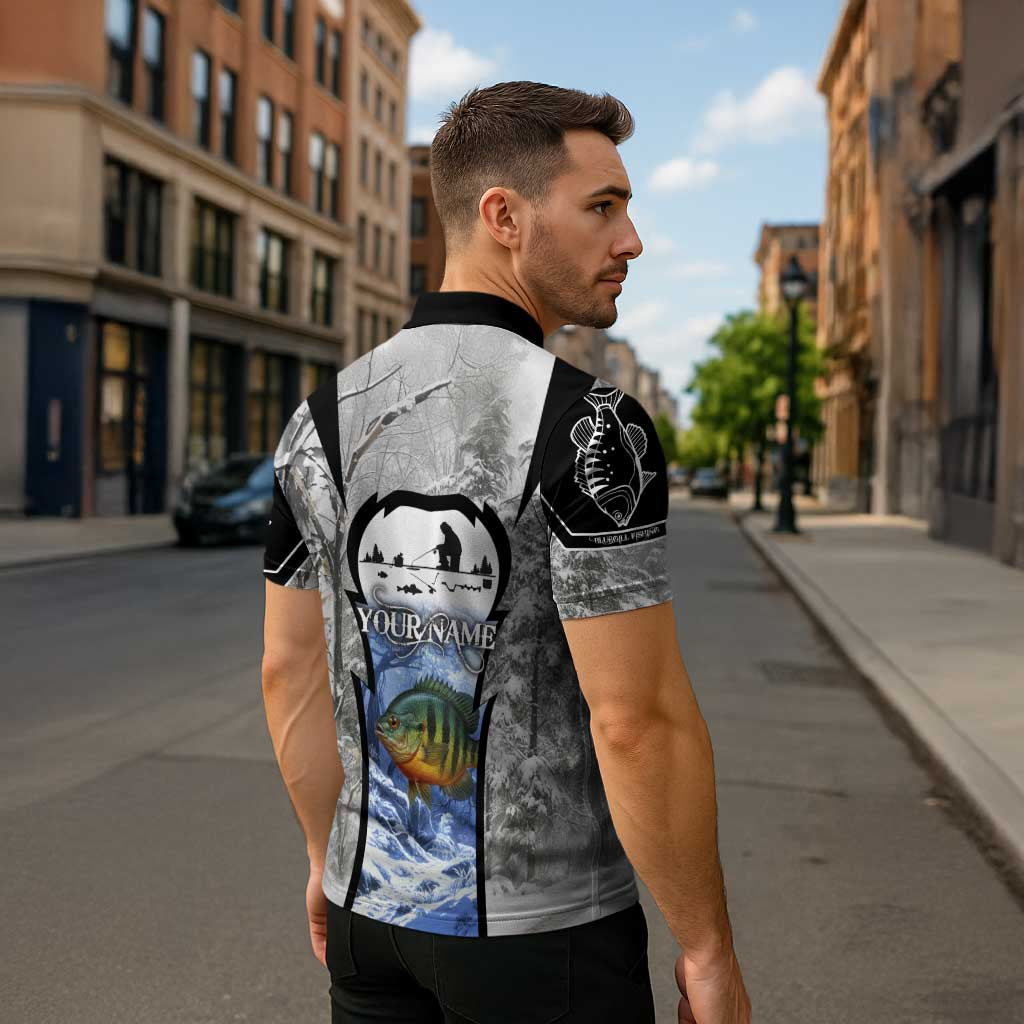 Custom Bluegill Ice Fishing Winter Camo Zipper Polo Shirt with Snowy Forest Background Colorful Fish - Wonder Print Shop