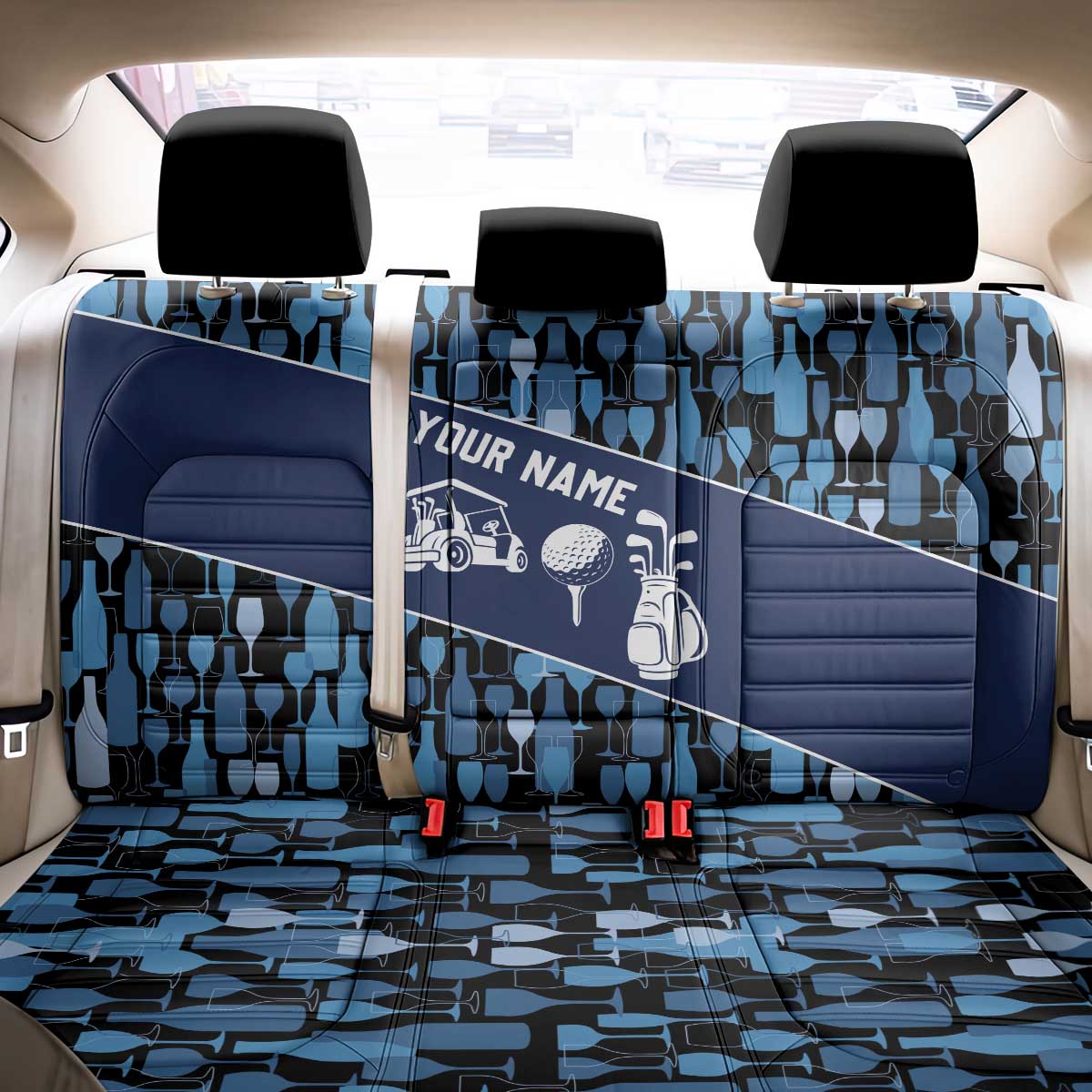 Custom Blue Wine Camo Pattern Golf Back Car Seat Cover with Blue Golf Club Pattern Cart and Ball Graphic - Wonder Print Shop