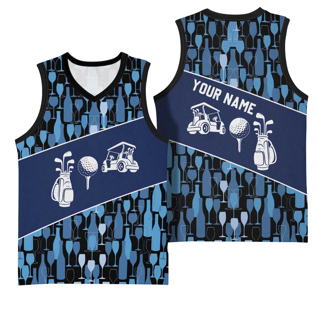 Custom Blue Wine Camo Pattern Golf Basketball Jersey with Blue Golf Club Pattern Cart and Ball Graphic - Wonder Print Shop