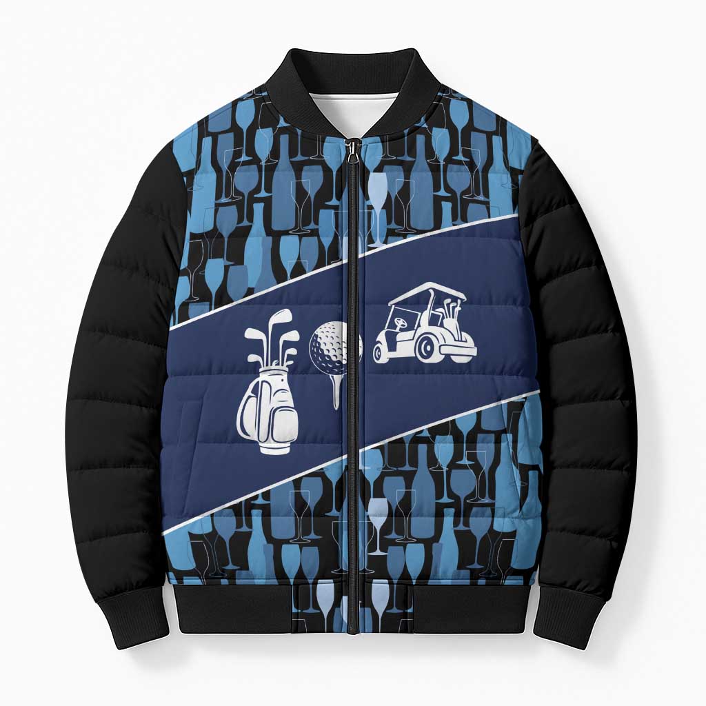 Custom Blue Wine Camo Pattern Golf Bomber Puffer Jacket with Blue Golf Club Pattern Cart and Ball Graphic - Wonder Print Shop