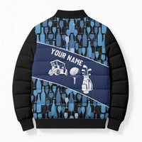 Custom Blue Wine Camo Pattern Golf Bomber Puffer Jacket with Blue Golf Club Pattern Cart and Ball Graphic - Wonder Print Shop