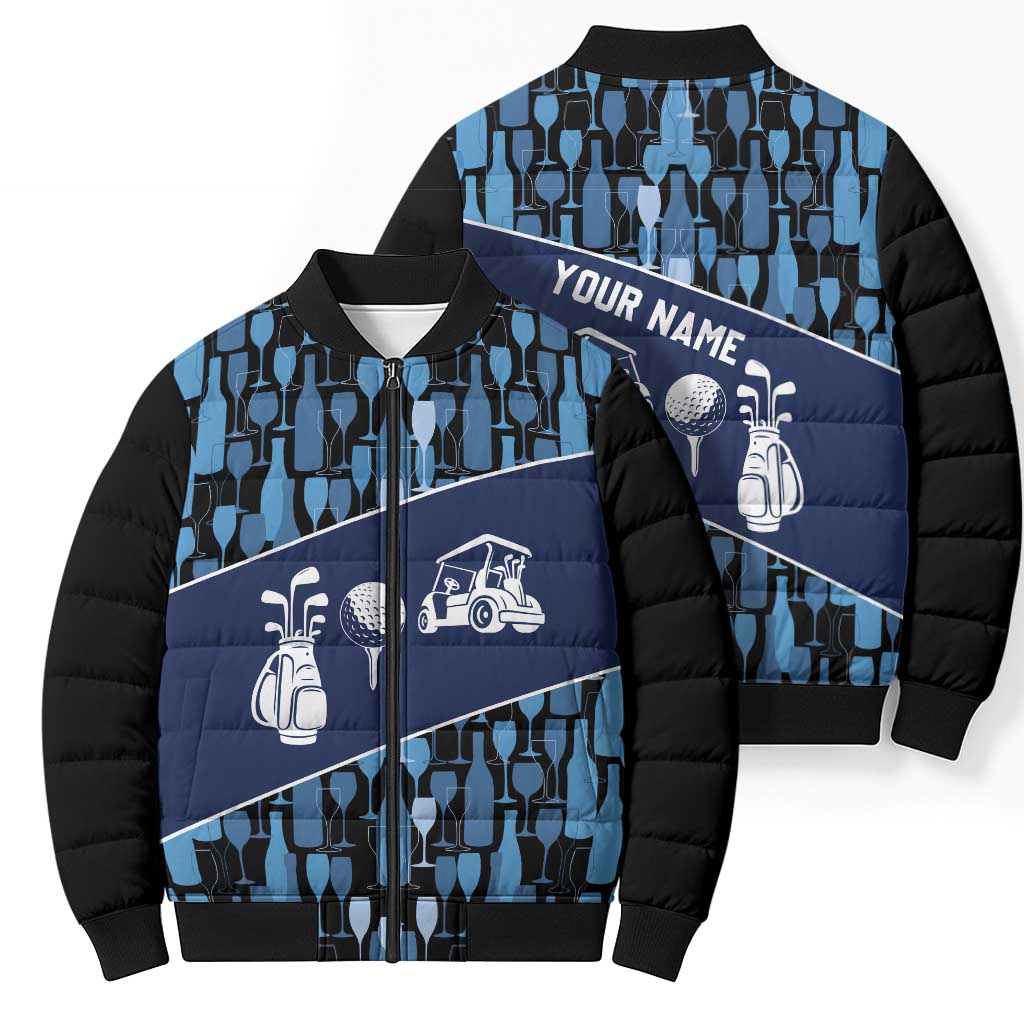 Custom Blue Wine Camo Pattern Golf Bomber Puffer Jacket with Blue Golf Club Pattern Cart and Ball Graphic - Wonder Print Shop