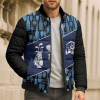 Custom Blue Wine Camo Pattern Golf Bomber Puffer Jacket with Blue Golf Club Pattern Cart and Ball Graphic - Wonder Print Shop