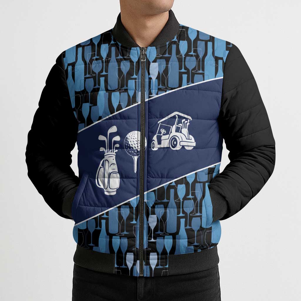 Custom Blue Wine Camo Pattern Golf Bomber Puffer Jacket with Blue Golf Club Pattern Cart and Ball Graphic - Wonder Print Shop