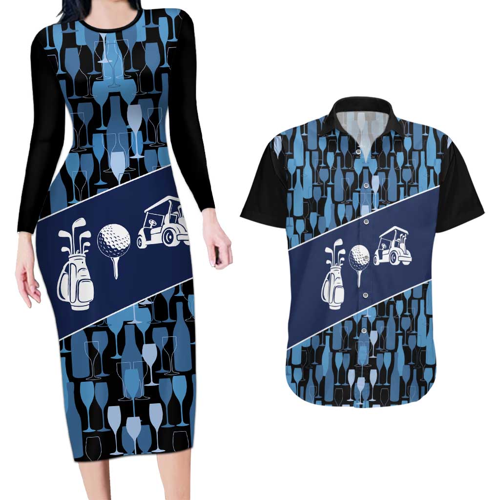 Custom Blue Wine Camo Pattern Golf Couples Matching Long Sleeve Bodycon Dress and Hawaiian Shirt with Blue Golf Club Pattern Cart and Ball Graphic - Wonder Print Shop