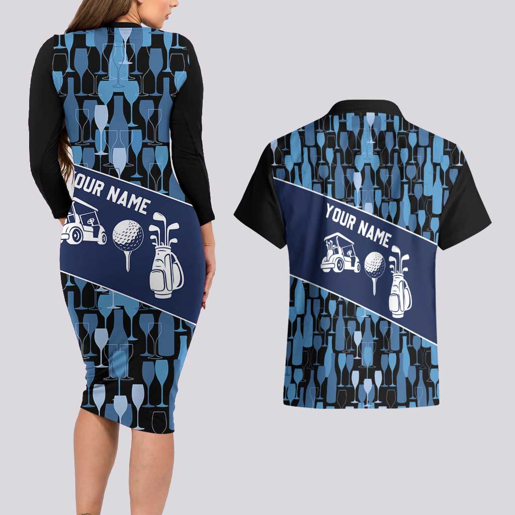 Custom Blue Wine Camo Pattern Golf Couples Matching Long Sleeve Bodycon Dress and Hawaiian Shirt with Blue Golf Club Pattern Cart and Ball Graphic - Wonder Print Shop